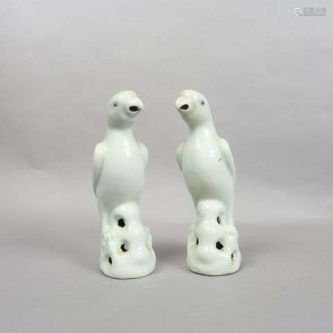 Couple de perruches en porcelaine blanc de Chine. …