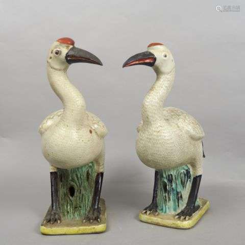Couple d’ibis en céramique émaillée blanc, vert, j…