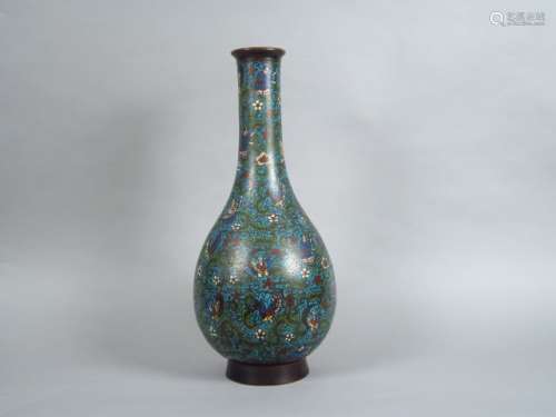 Vase pansu à long col en bronze, décor en émaux ch…