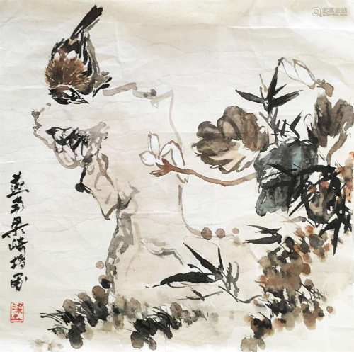 近代 梁崎   指画花鸟