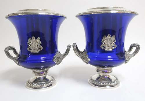 Pair Blue Glass & Silver Plate Wine Coolers