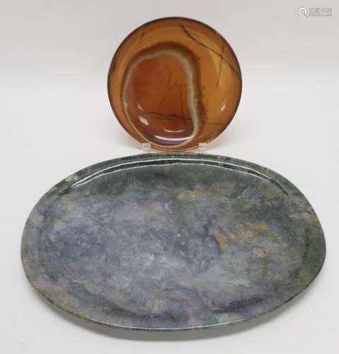 Chinese Oval Jade Tray & Round Agate Dish