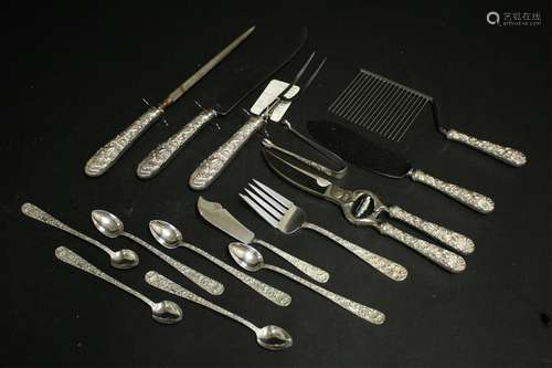 15 Pcs Kirk Repousse Sterling: Serving, Tongs etc