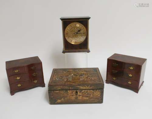 Chinoiserie Box, Pr. Miniature Chests & a Clock