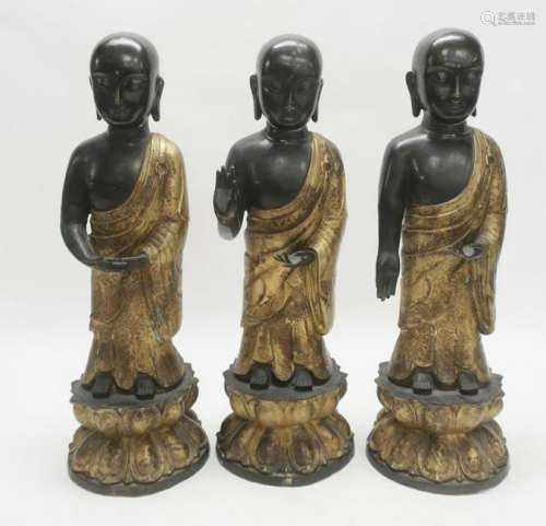 3 Asian Bronze & Parcel Gilt Standing Figures