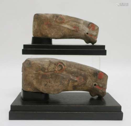 Pair Han Pottery Horse Heads