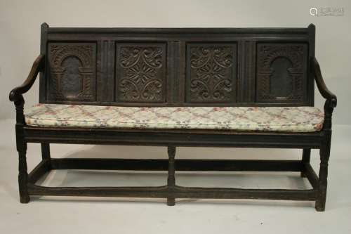 English Jacobean Carved Oak Hall Settee