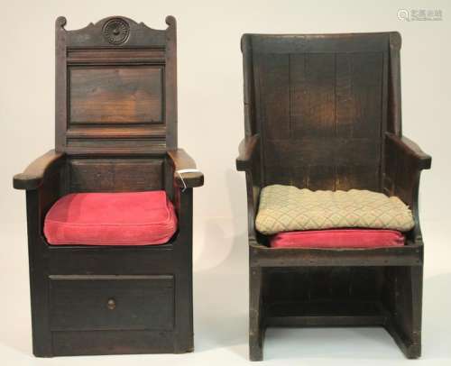 Two English Jacobean Paneled Armchairs