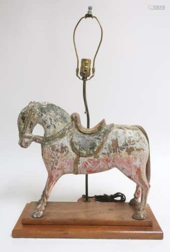 Polychromed Carved Wood Tang Horse Table Lamp