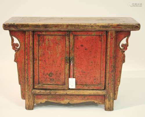 Chinese Red Painted/Natural Finish Small Cupboard