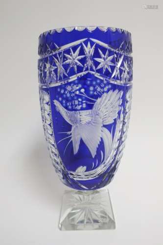 Large Cobalt Cut to Clear Crystal Vase Hand-Signed