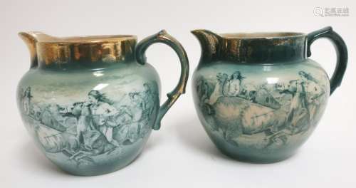 2 Buffalo Pottery Pitchers, Indian hunting Buffalo