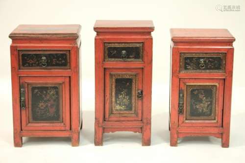 Set 3 Chinese Red Lacquered and Painted Cabinet