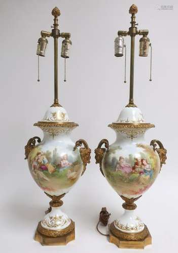 Pair Sevres Style Porcelain Urns as Table Lamps