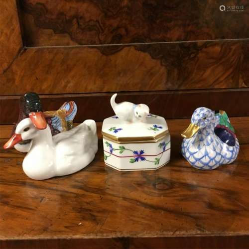 Herend Group: Ducks and Cat Lidded Box