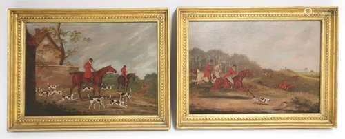 Pair English School 19th C. Fox Hunting Scenes O/C