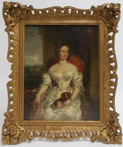 British School, Portriat of Lady w Dog, c 1840