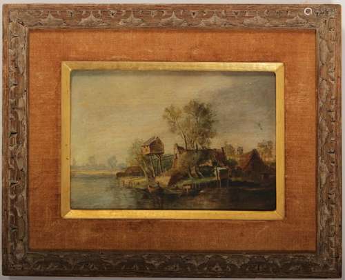 Dutch School Landscape: Home On a River, O/B