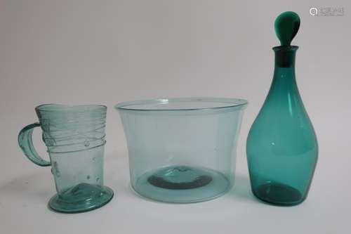 3 Colored Glass Vessels, Bowl, Mug, Decanter