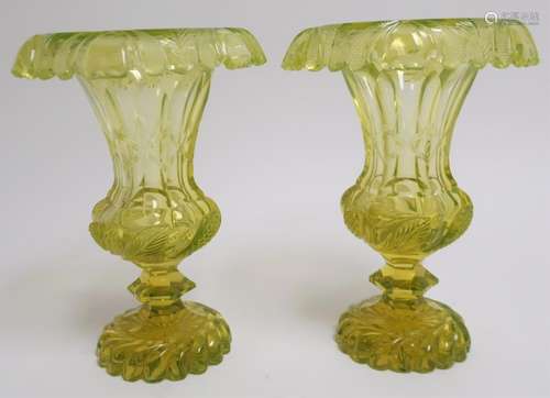 Pair of Vaseline Cut Glass Vases