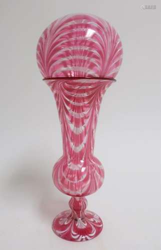 Free-Blown Red and White Witch Ball on Vase