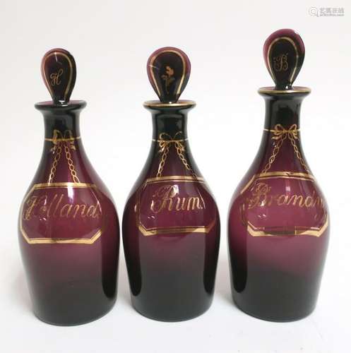 3 Ruby Glass Liquor Decanters