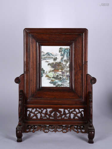 A FAMILLE ROSE PLAQUE INLAID BLACKWOOD TABLE SCREEN, 18TH CENTURY