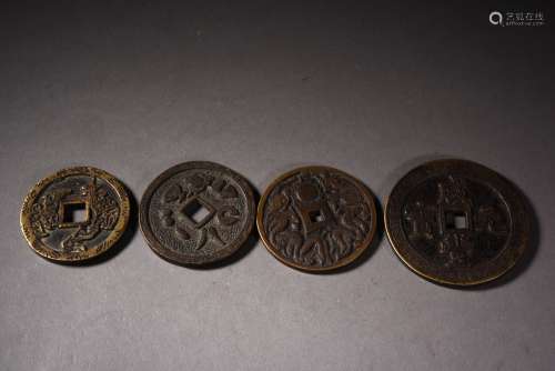 FOUR CHINESE BRONZE COINS, 19TH CENTURY