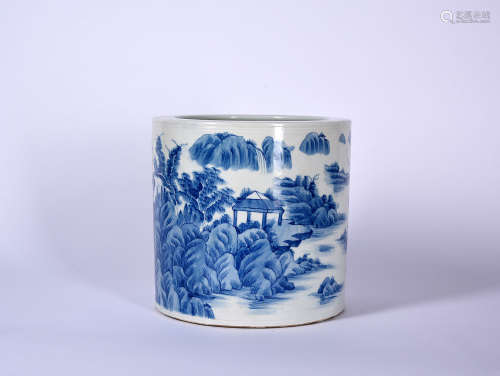 A BLUE AND WHITE LANDSCAPE BRUSHPOT, 18TH CENTURY