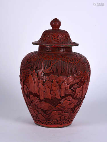 A CARVED CINNABAR LACQUER JAR AND COVER, 19TH CENTURY
