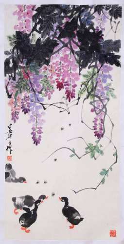 A CHINESE PAINTING WISTERIA AND DUCKS