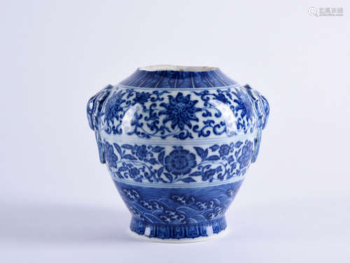 A BLUE AND WHITE LOTUS SCROLL VASE, ZUN, QIANLONG PERIOD