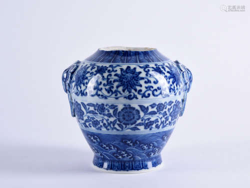 A BLUE AND WHITE LOTUS SCROLL VASE, ZUN, QIANLONG PERIOD