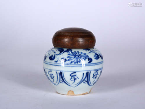 A BLUE AND WHITE FLORAL SCROLL JAR, POSSIBLY YUAN DYNASTY
