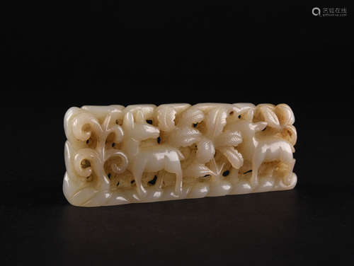 A RETICULATED CREAMY WHITE JADE PLAQUE, YUAN DYNASTY