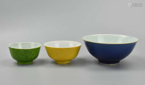 (3)Three Chinese Bowls: Green, Yellow & Blue Glaze