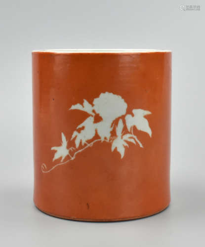 Chinese Coral Red Brush Pot w/ Flower Vine,20th C.