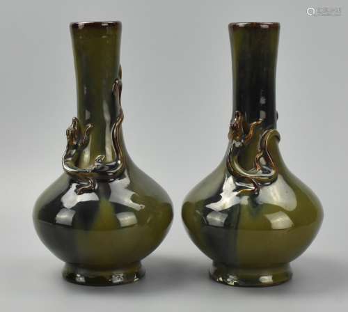 Pair of Chinese Flambe Vases w/ Chi-Dragon, 20th C