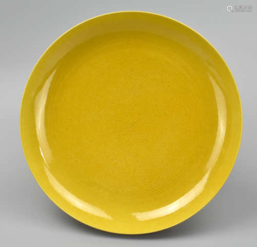 Chinese Yellow Glaze Dragon Plate w/ Kangxi Mark