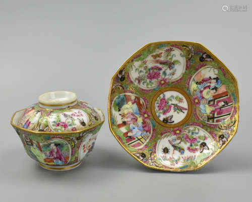 Chinese Octagonal Cantonese Cup,Saucer&Lid,19th C.