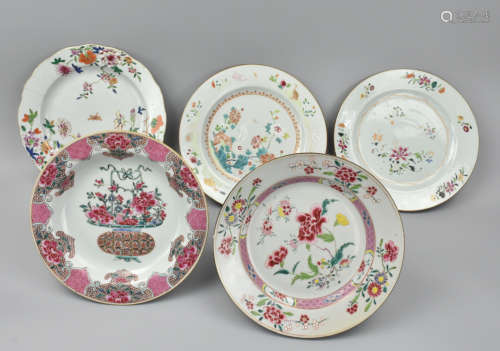 (5) Chinese Famille Rose Export Plates,18-19th C.