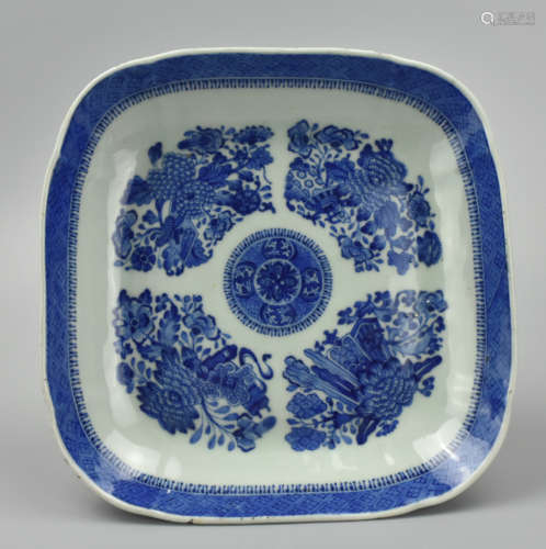 Chinese Square B & W Plate, 18th C.
