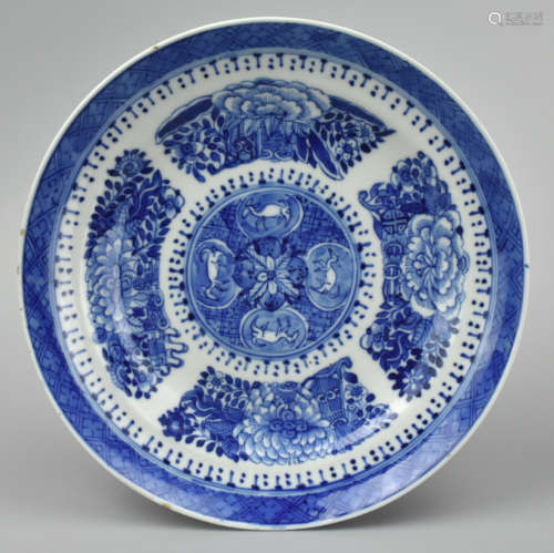 Chinese Blue & White Plate w/ Floral Panel,19th C.