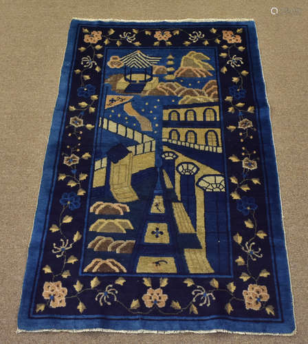 Blue Chinese Carpet w/ Pathway Scene,20th C.