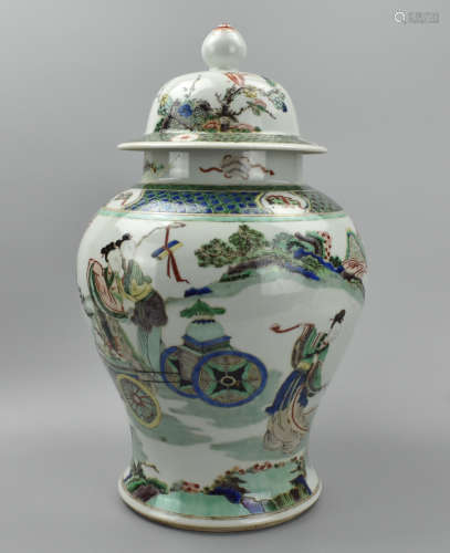 Large Chinese Wucai Jar& Cover w/ Figure, Kangxi P