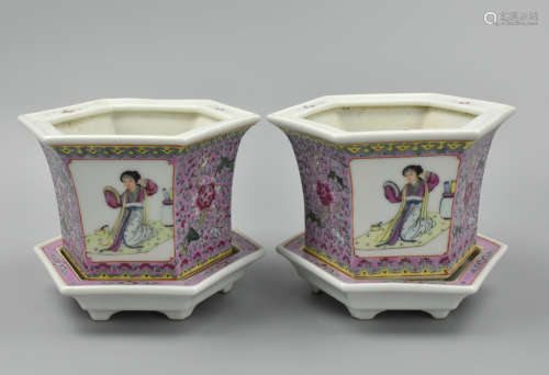 Pair of Chinese Hexagonal Bonsai Pots,1950s.