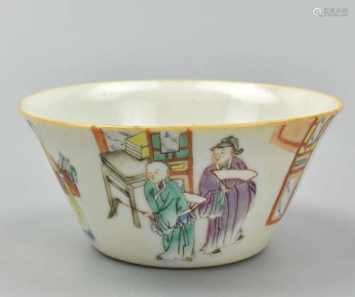 Chinese Famille Rose cup w/ Court Figures, 19th C.