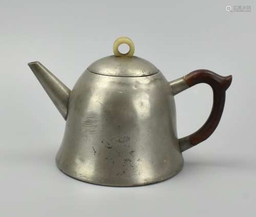 Chinese Pewter Teapot w/ Jade Top& Wood Handle