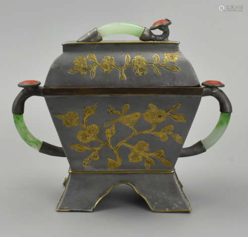 Chinese Gilded Pewter Censer w/ Coral&Jade, Qing D