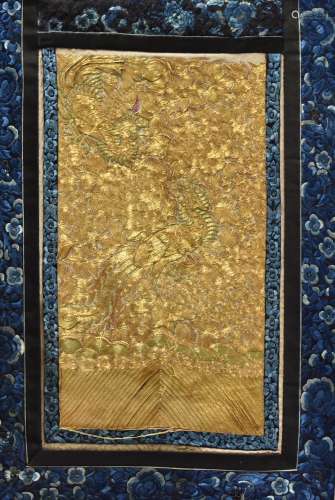 A Blue & Gold Silk Phoenix Embroidery, Qing D.